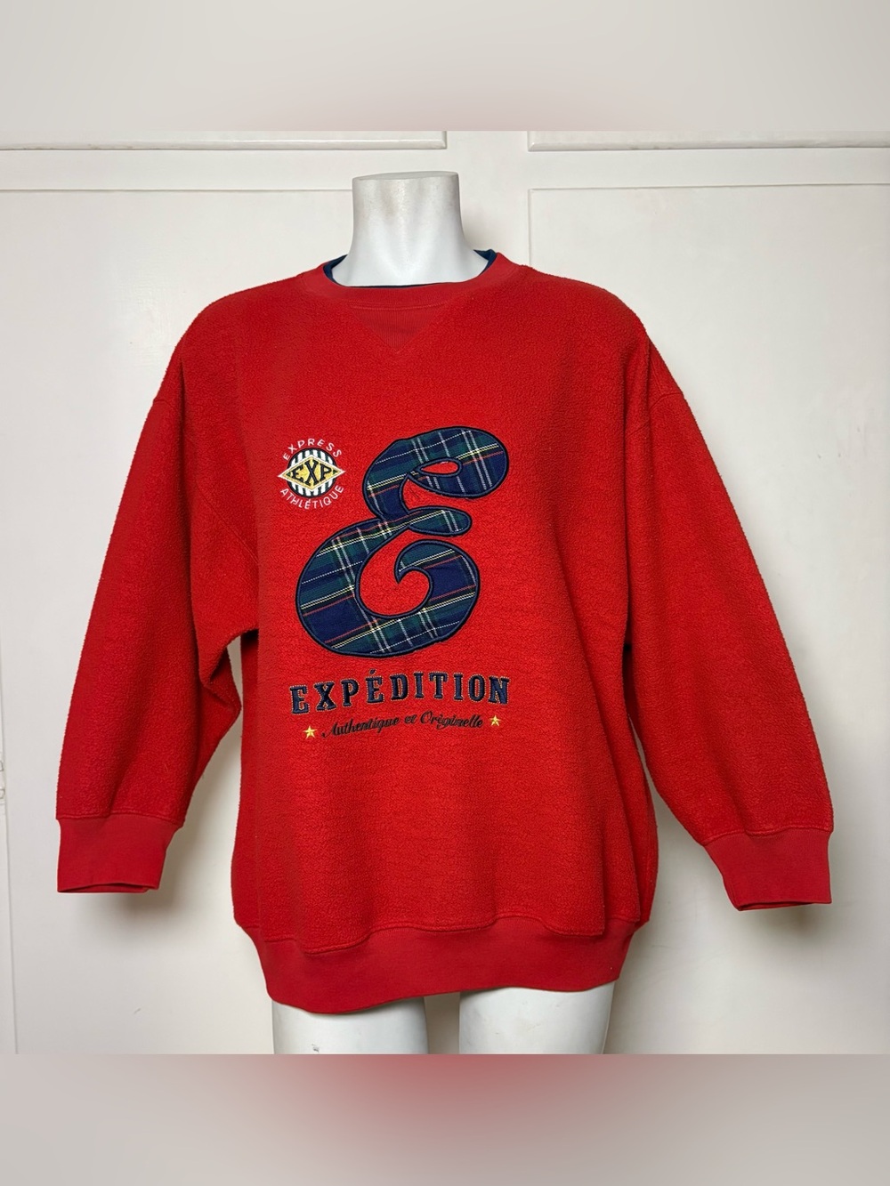 Vintage 80s Express Red Fleece Embroidered Logo Crewneck Sweatshirt